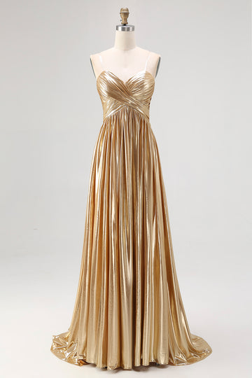 Sparkly Golden A Line Sweetheart Metallic Satin Pleated Long Prom Dress